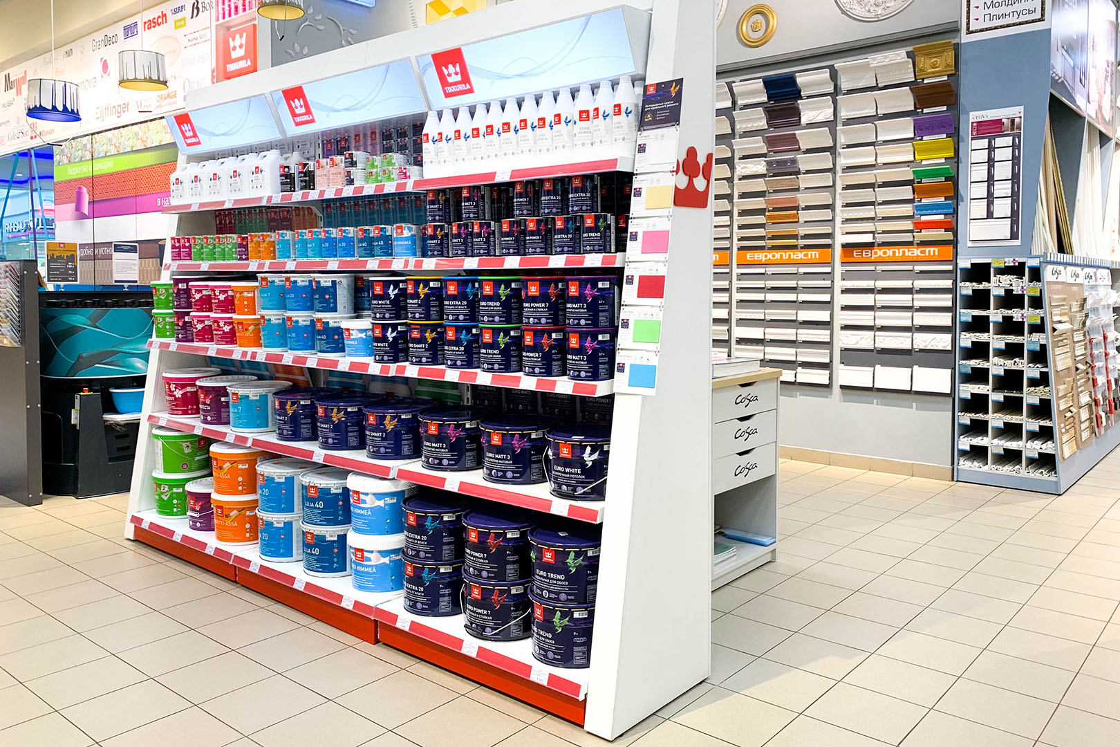 Отдел краски Tikkurila в магазине Обойкин РИО